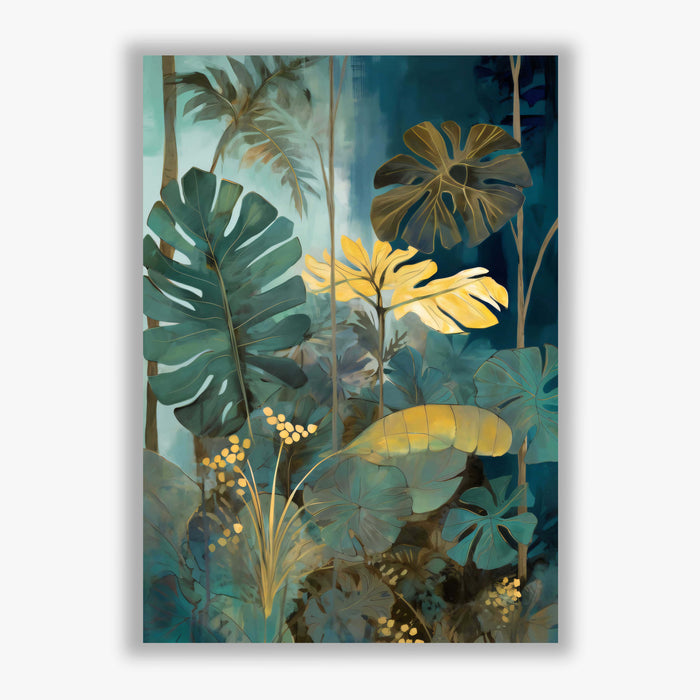 Canopy Light II – Monstera Leaf Print with Yellow Glow and Blue Green Tones