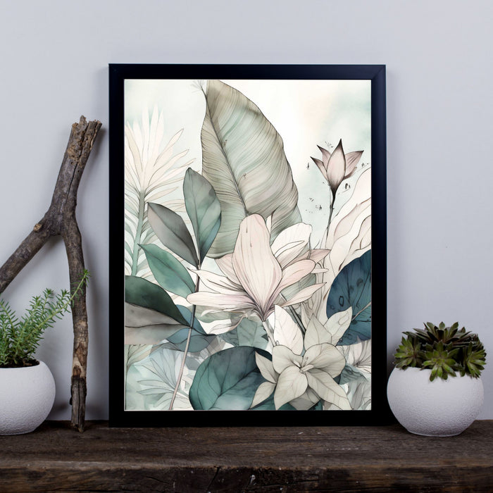 Whispering Botanicals No.4 – Botanical Print with Green Leaves and Blush Flowers