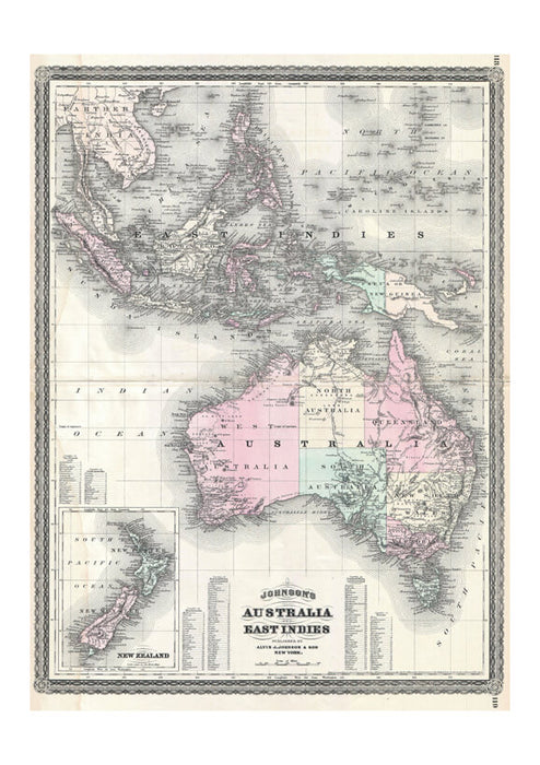 Australia, East Indies, South East Asia Map Johnson 1870