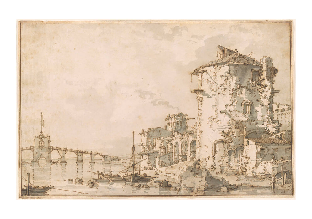 Canaletto Capriccio with a Round Tower and Ruins by the Lagoon