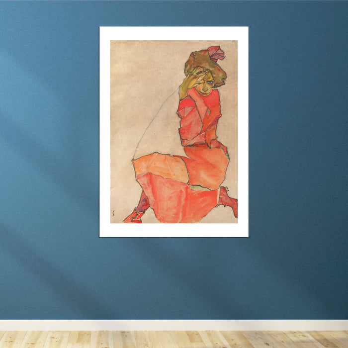Egon Schiele - Kneeling Female in Orange Red Dress
