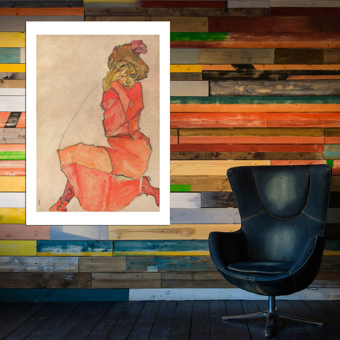 Egon Schiele - Kneeling Female in Orange Red Dress