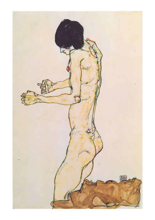 Egon Schiele - Kniender Frauenakt mit vorgestreckten Armen - 1914