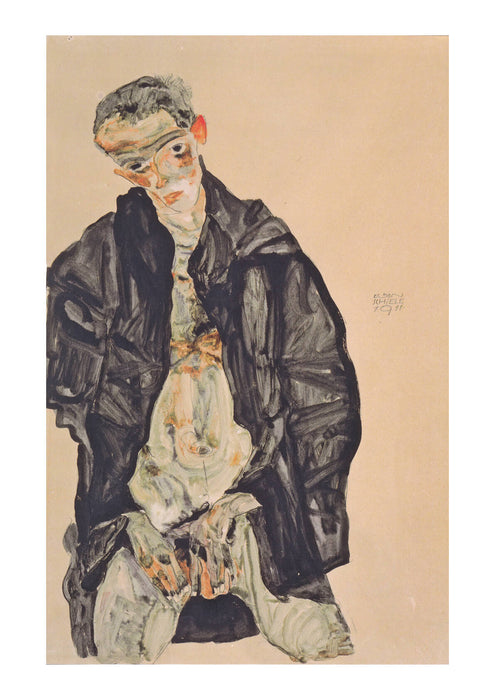 Egon Schiele - Selbstals Halbakt in schwarzer Jacke - 1911