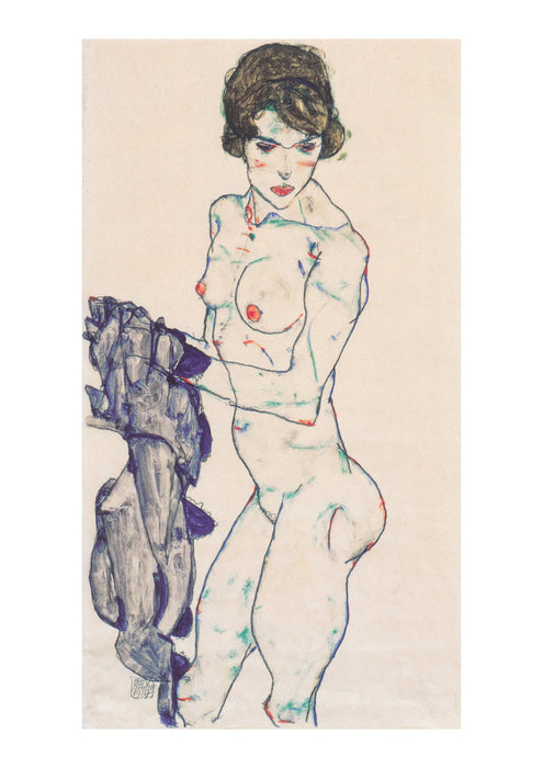 Egon Schiele - Stehender weiblicher Akt mit blauem Tuch