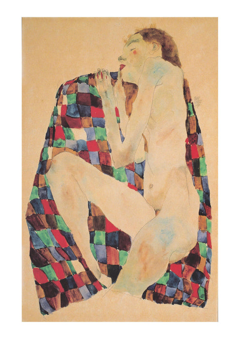 Egon Schiele - Weiblicher Akt auf kariertem Tuch