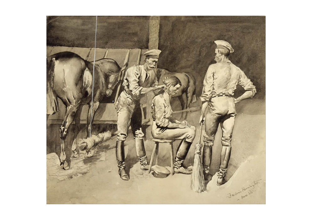 Frederic Remington - A Haircut in a Cavalry Stable