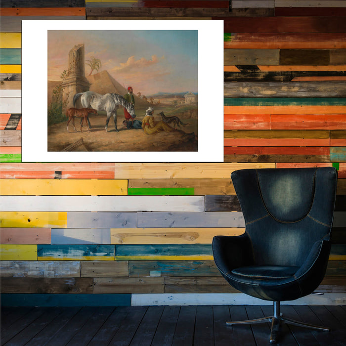 George Laporte - Grey Arabian Mare & Foal With A Family