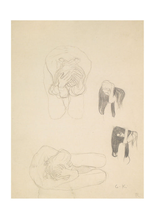 Gustav Klimt - Zwei kauernde Akte und zwei Profilstudien nach links