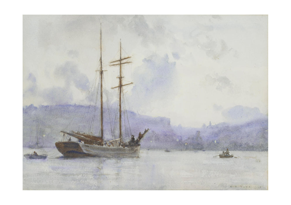 Henry Scott Tuke - A topsail schooner off a port at dusk