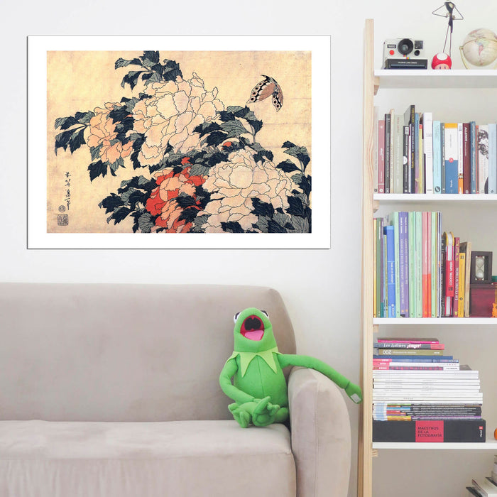 Katsushika Hokusai - Poenies and butterfly