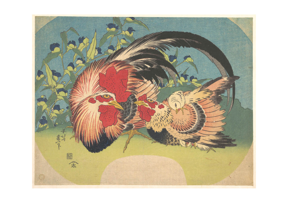 Katsushika Hokusai - Rooster & Chicken with Spiderwort