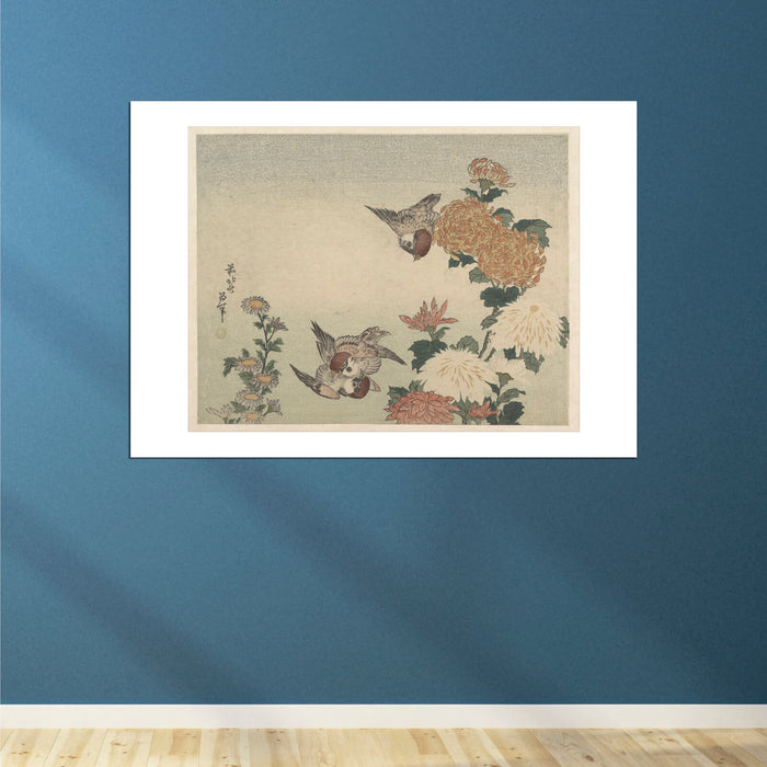 Katsushika Hokusai - Sparrows & Chrysanthemums