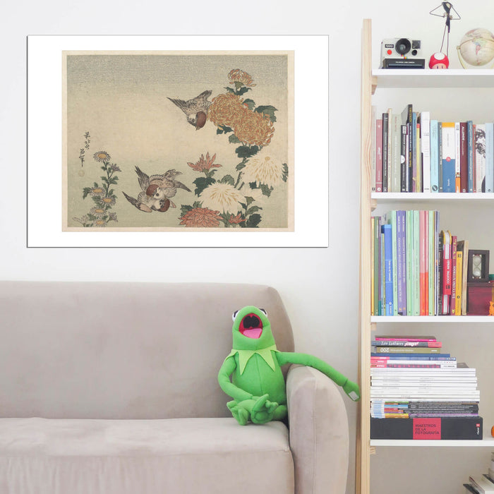 Katsushika Hokusai - Sparrows & Chrysanthemums