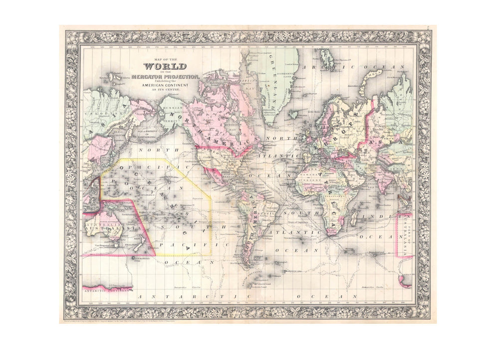 Map of the World on Mercator Projection Mutchell 1864